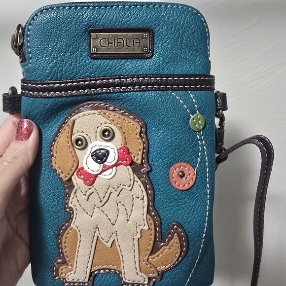 CHALA GOLDEN RETRIEVER DOG CELL PHONE CROSSBODY PURSE TURQUOISE BLUE - Picture 3 of 10